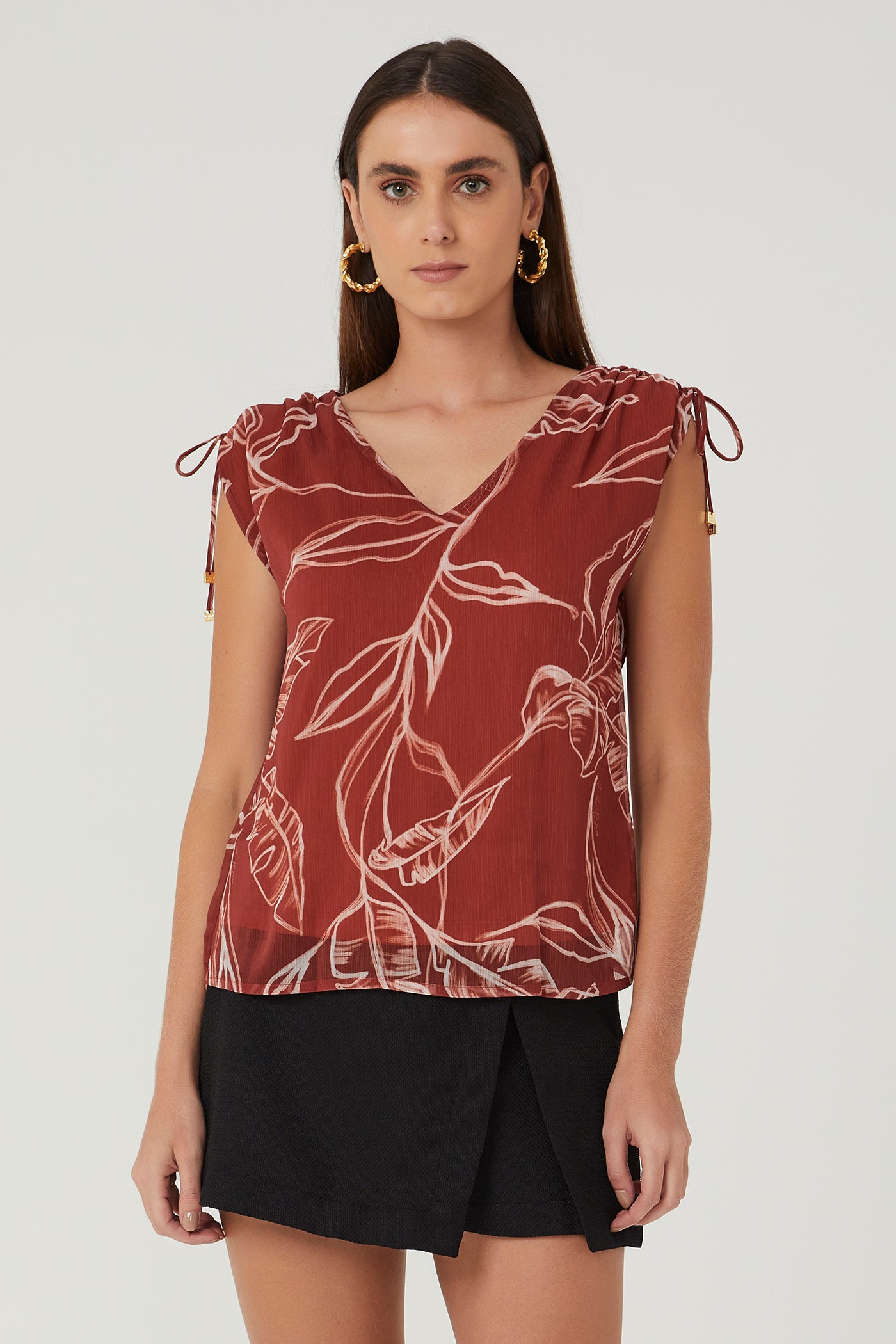 Blusa estampada ombro com amarração marrom Fato Básico - FATO BÁSICO