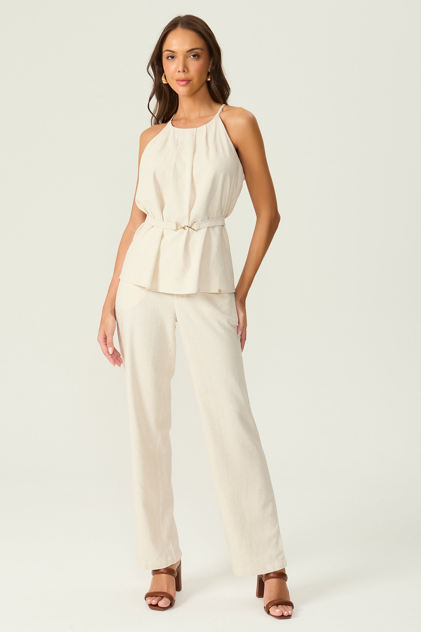 Blusa linho natural com cinto Fato Básico