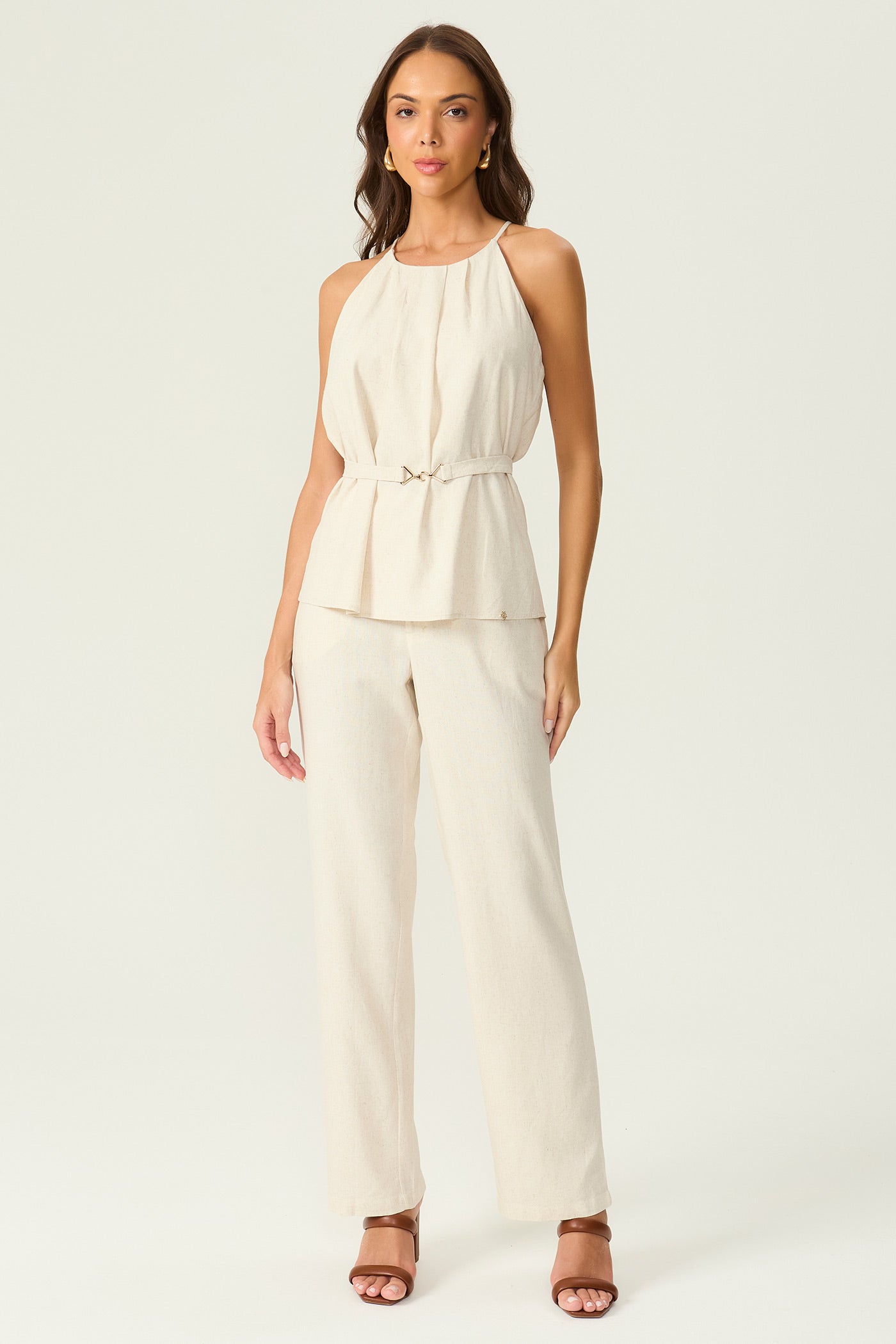 Blusa linho natural com cinto Fato Básico