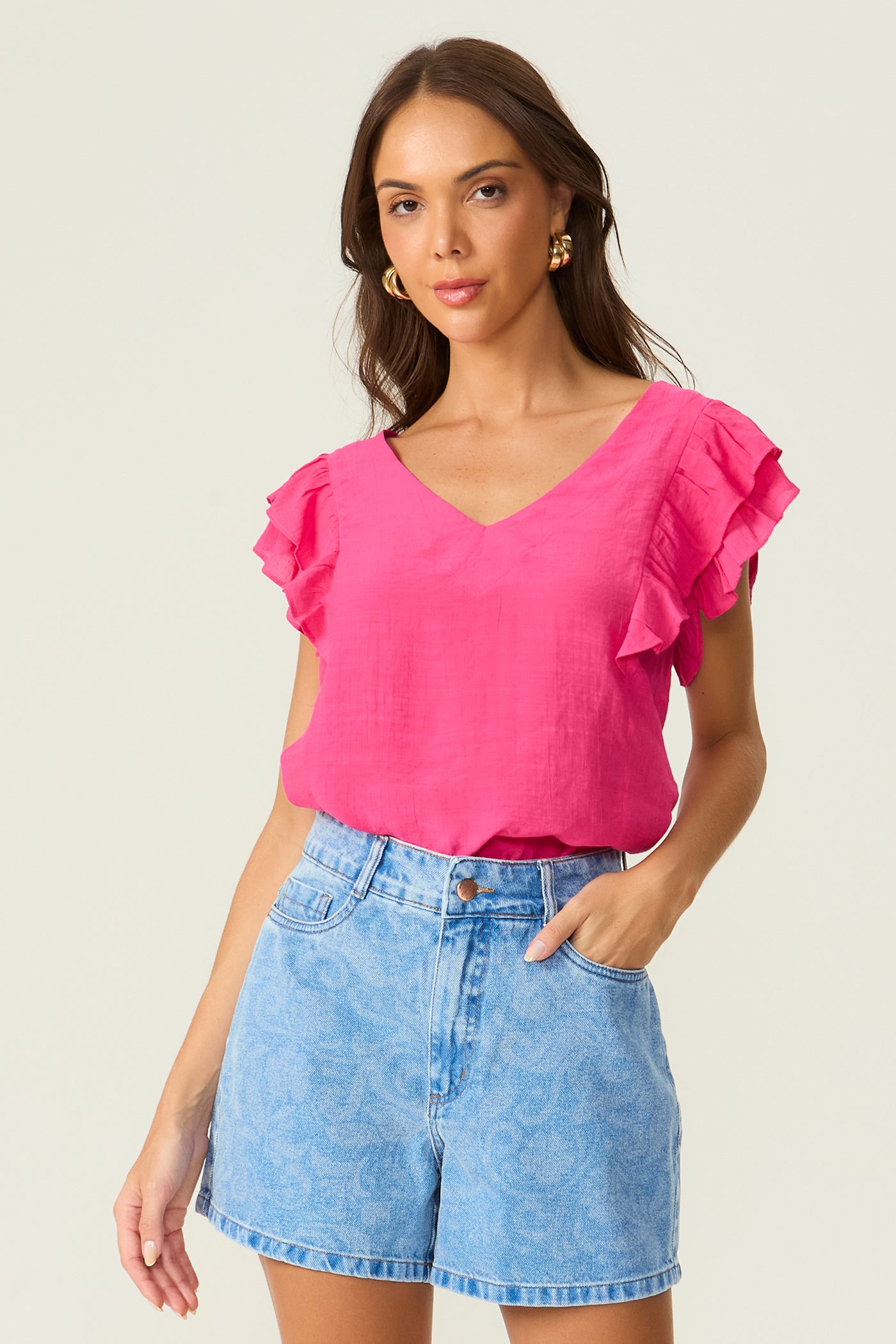 Blusa mangas babado rosa Fato Básico