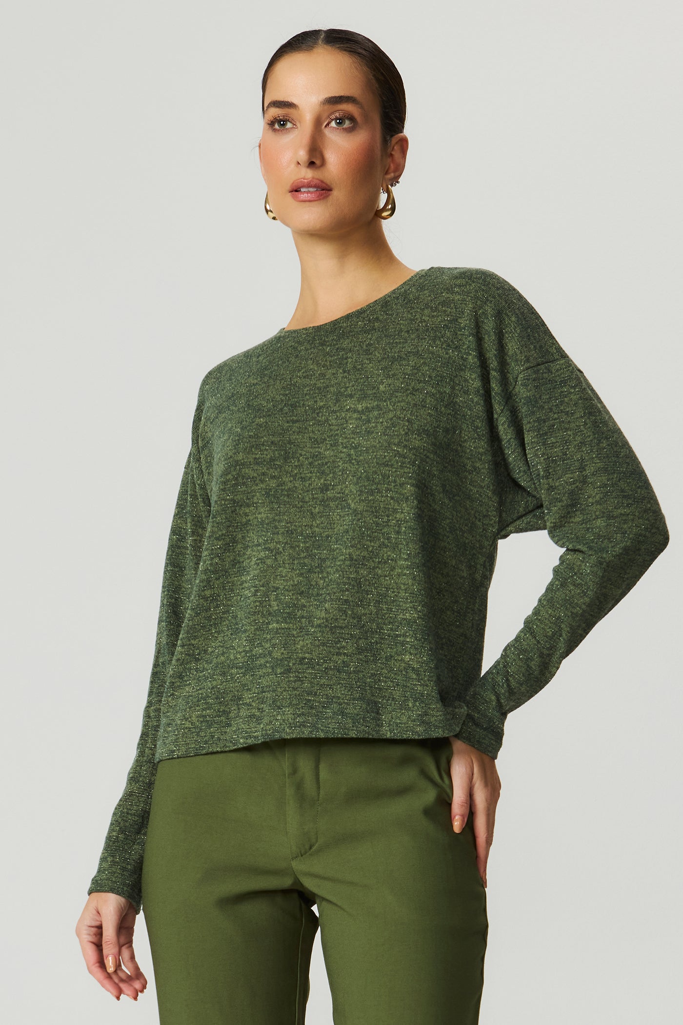 Blusa manga longa trico lurex verde oliva Fato Básico