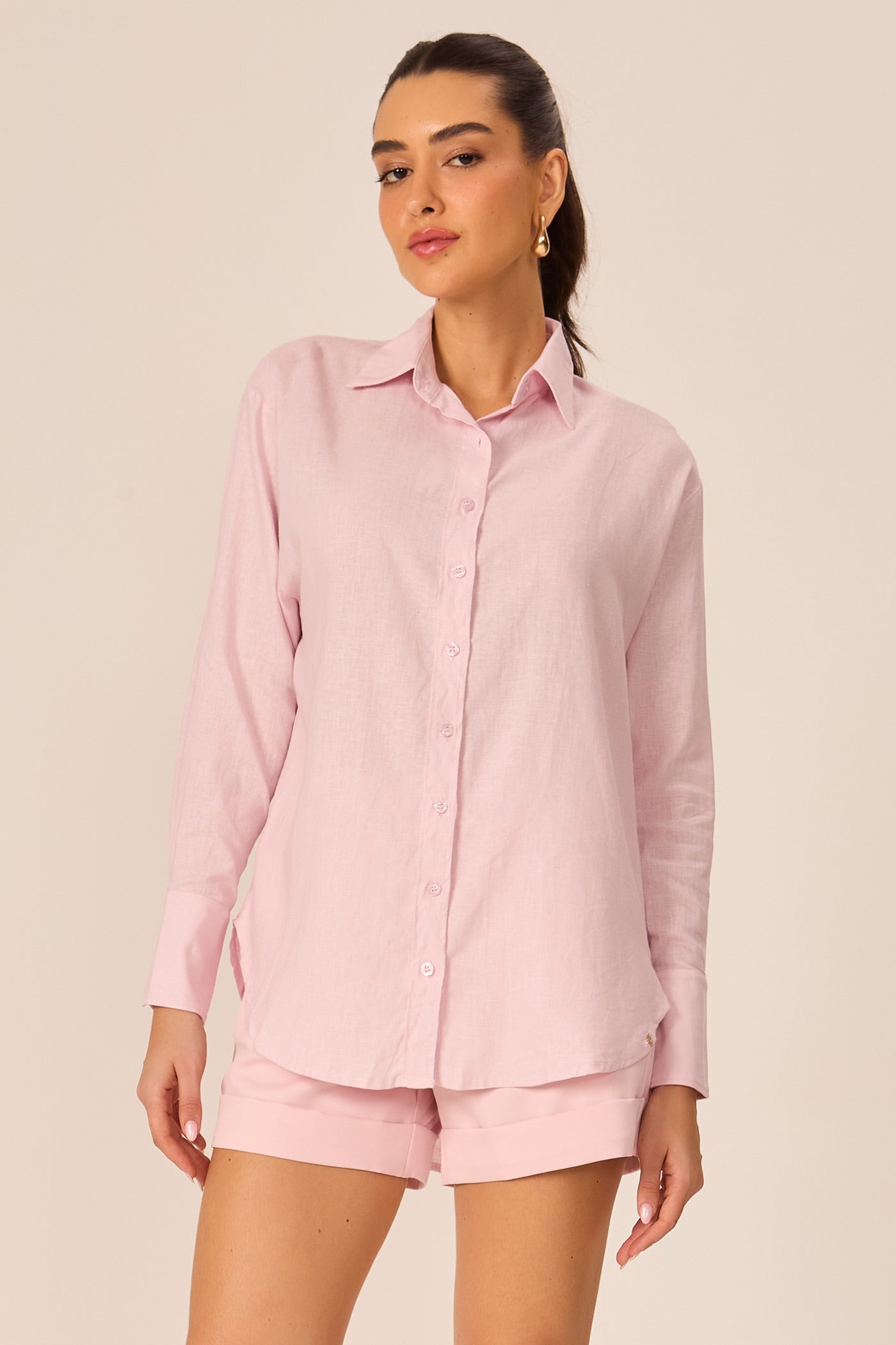 Camisa maxi de linho rosa Fato Básico