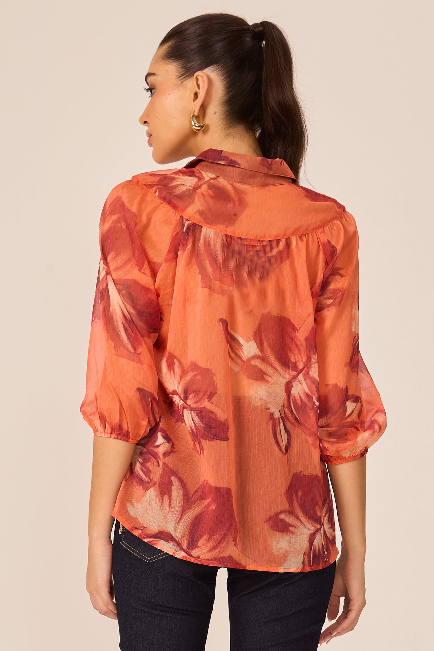 Camisa estampada manga 3/4 laranja Fato Básico