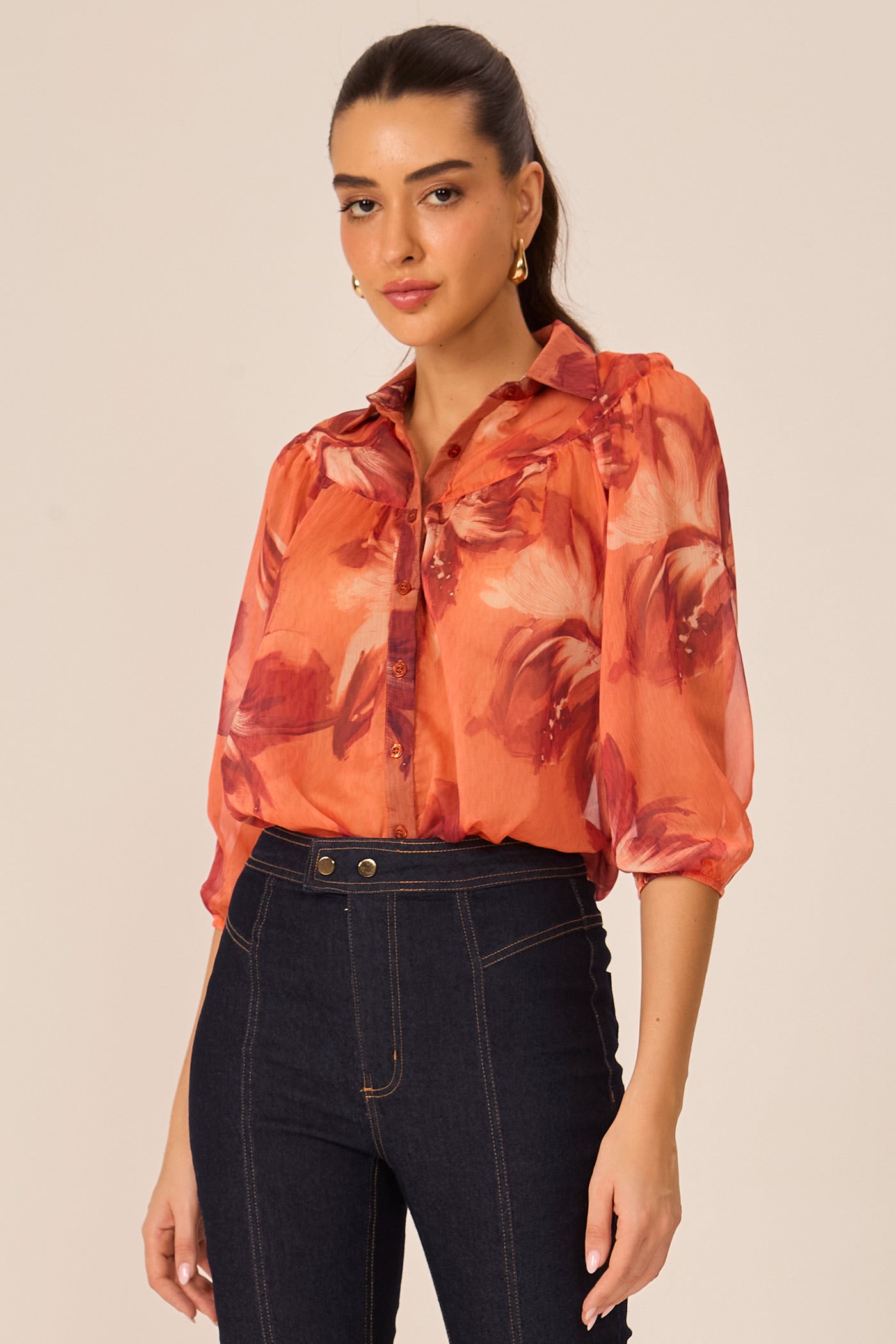 Camisa estampada manga 3/4 laranja Fato Básico