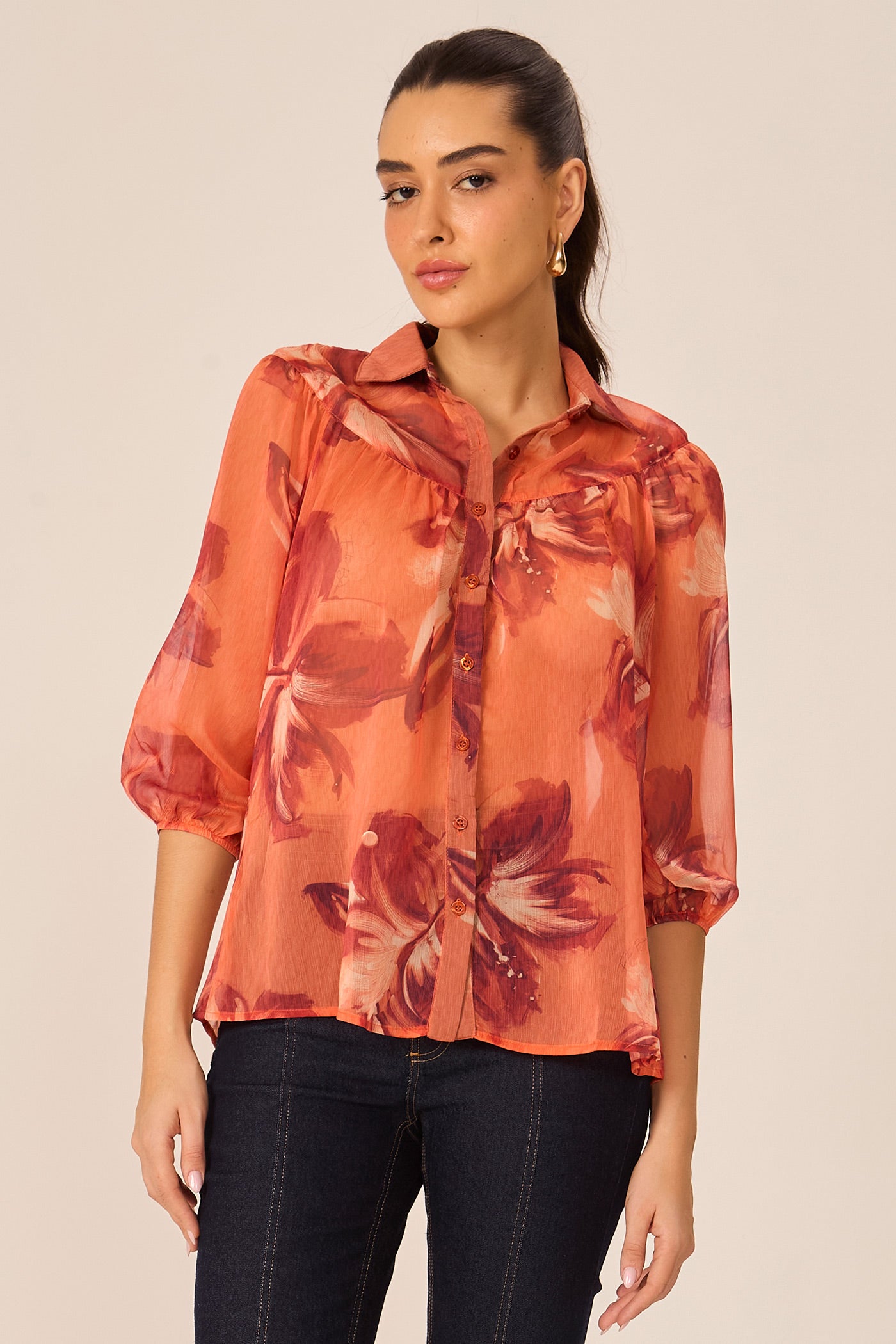 Camisa estampada manga 3/4 laranja Fato Básico