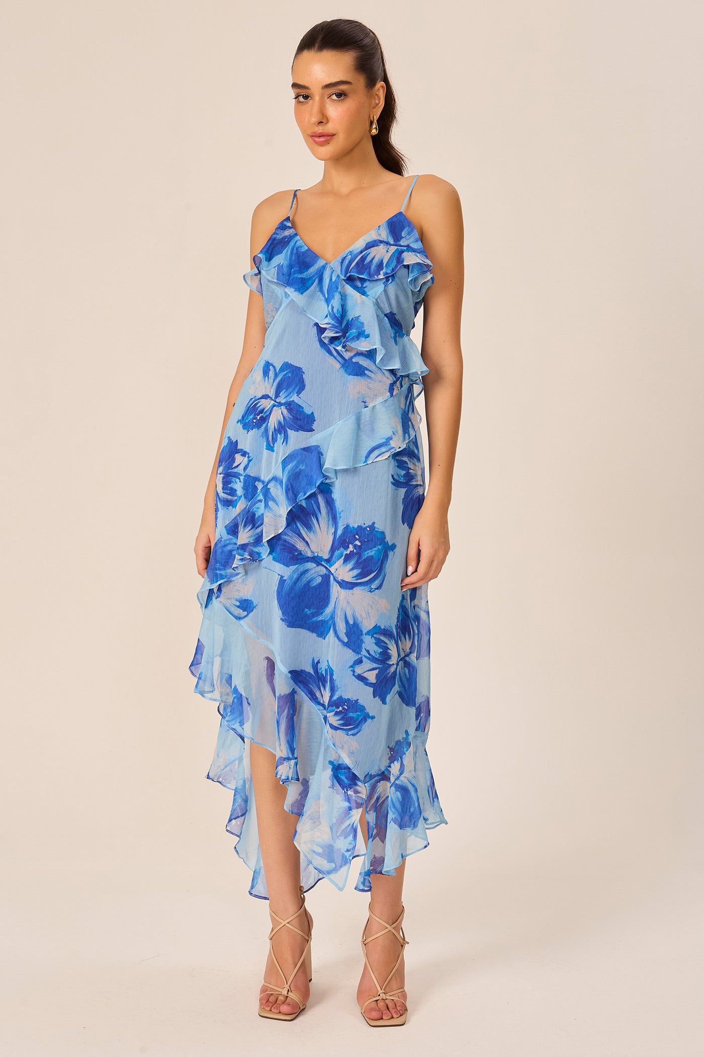 Vestido alça babado estampado azul Fato Básico