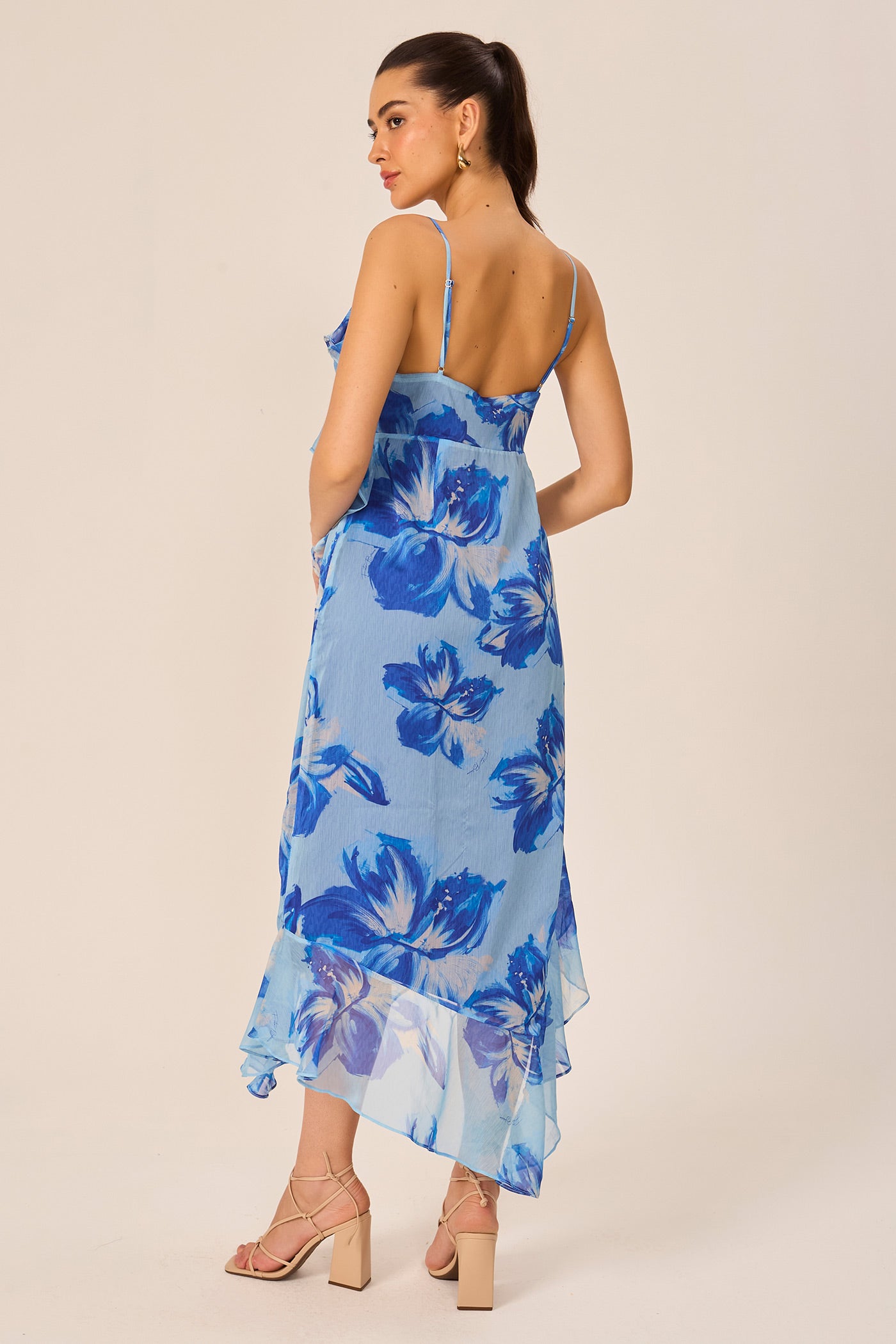 Vestido alça babado estampado azul Fato Básico