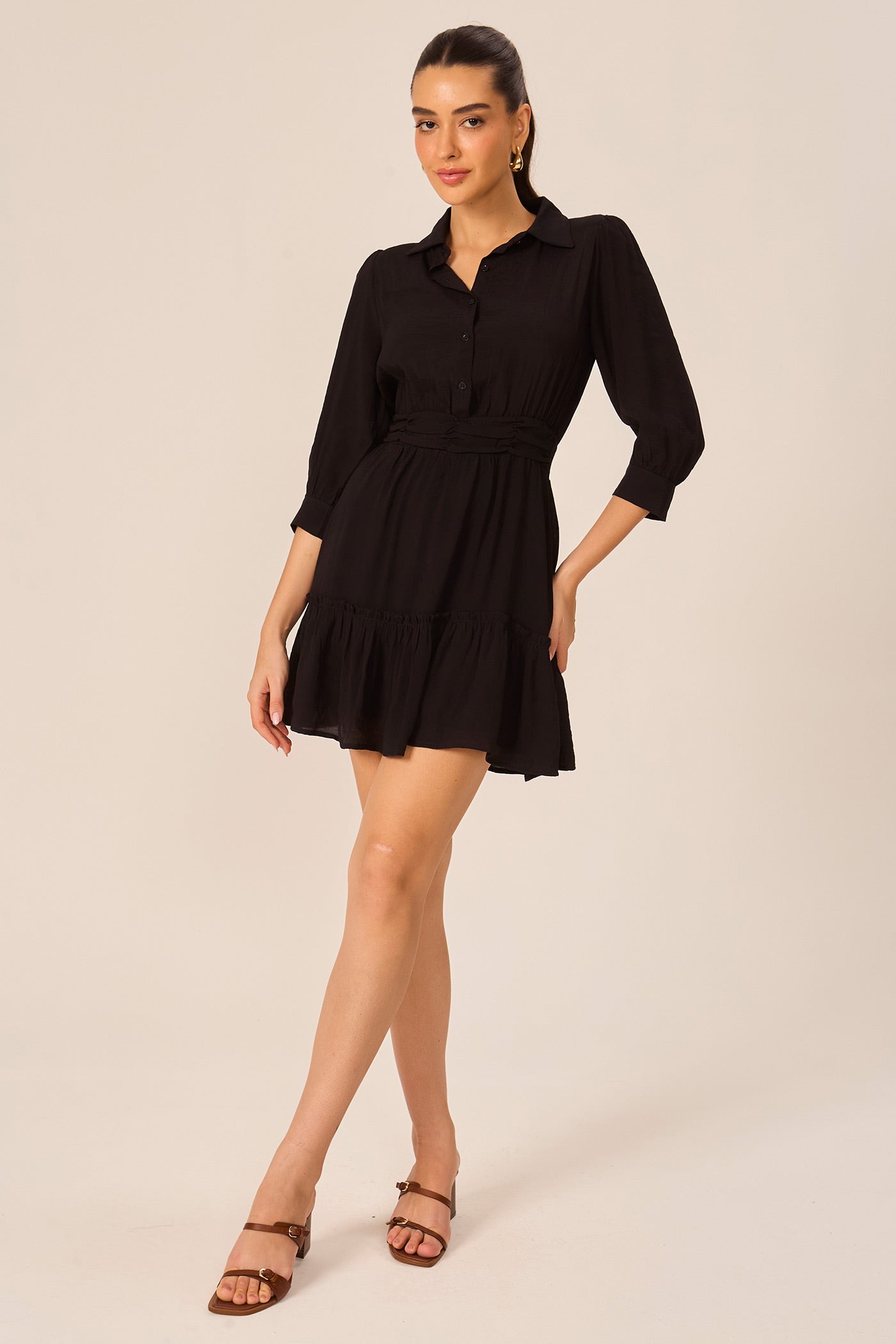 Vestido chemise curto manga 3/4 preto Fato Básico