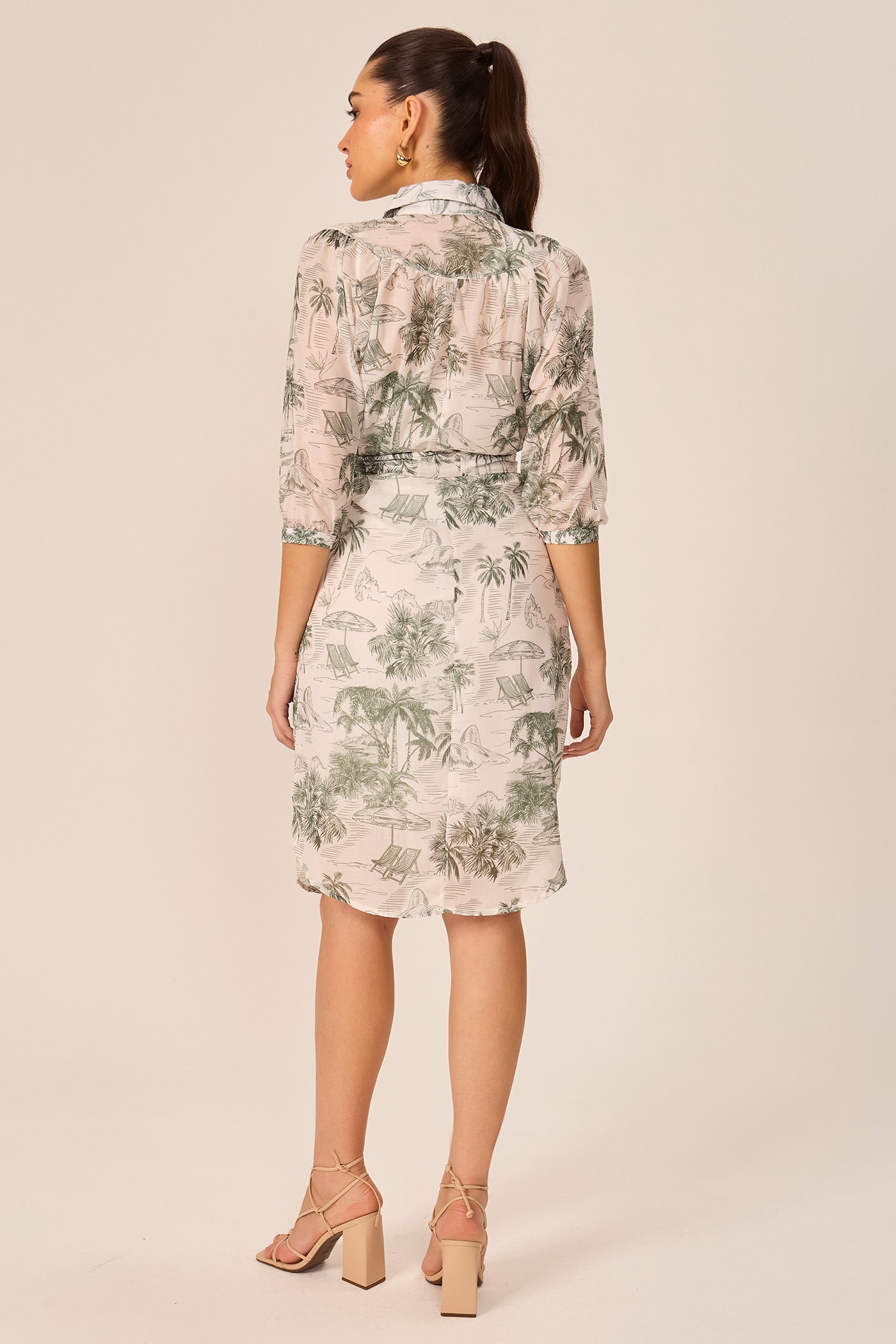 Vestido chemise manga 3/4 estampado verde Fato Básico