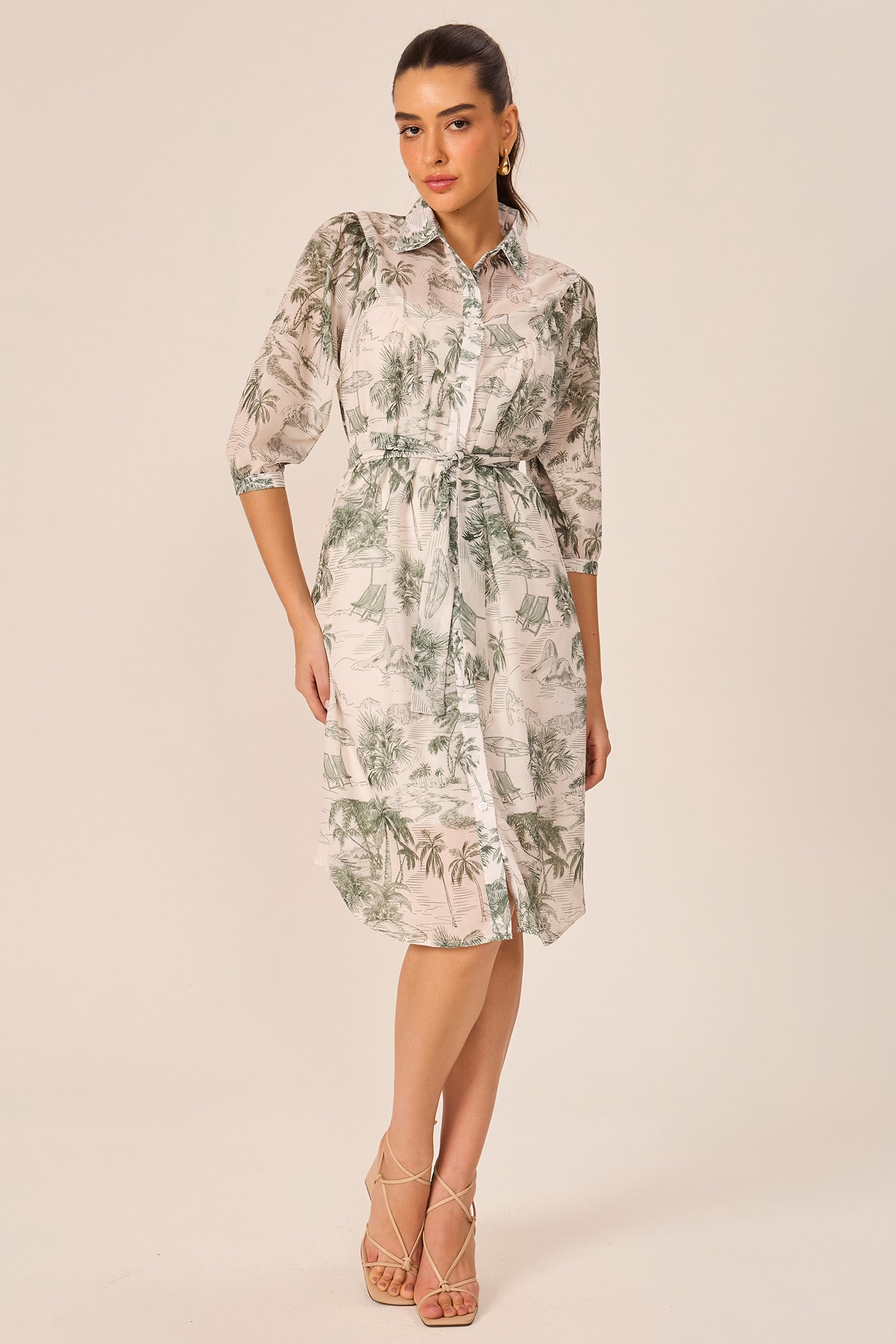 Vestido chemise manga 3/4 estampado verde Fato Básico