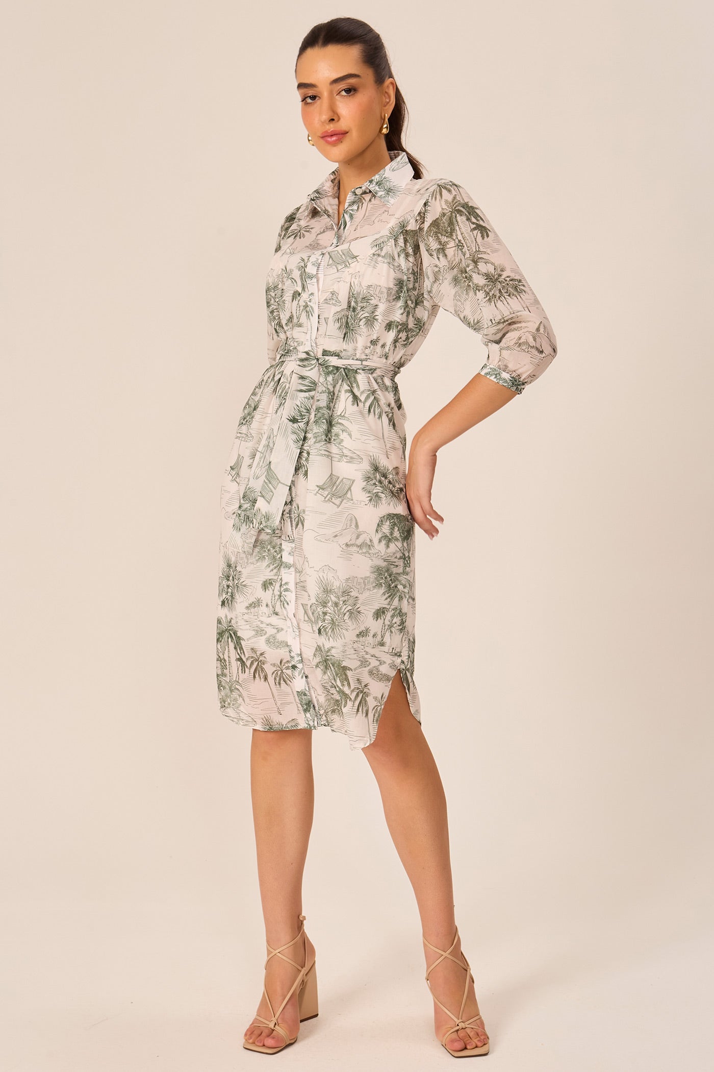 Vestido chemise manga 3/4 estampado verde Fato Básico