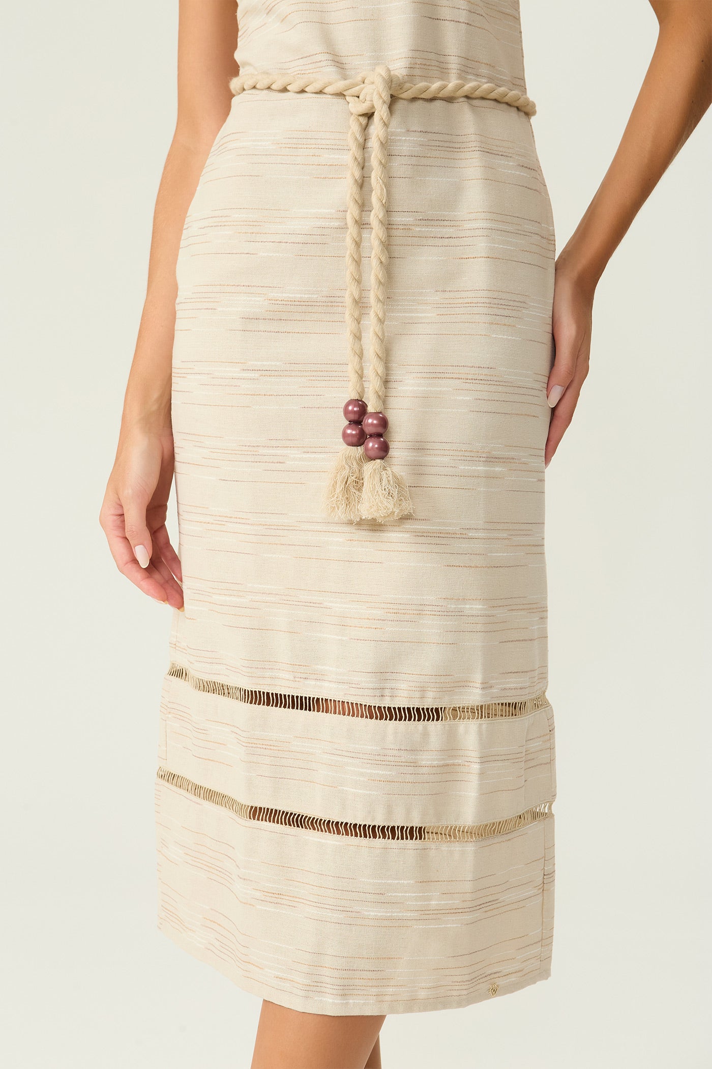 Vestido linho listrado natural Fato Básico