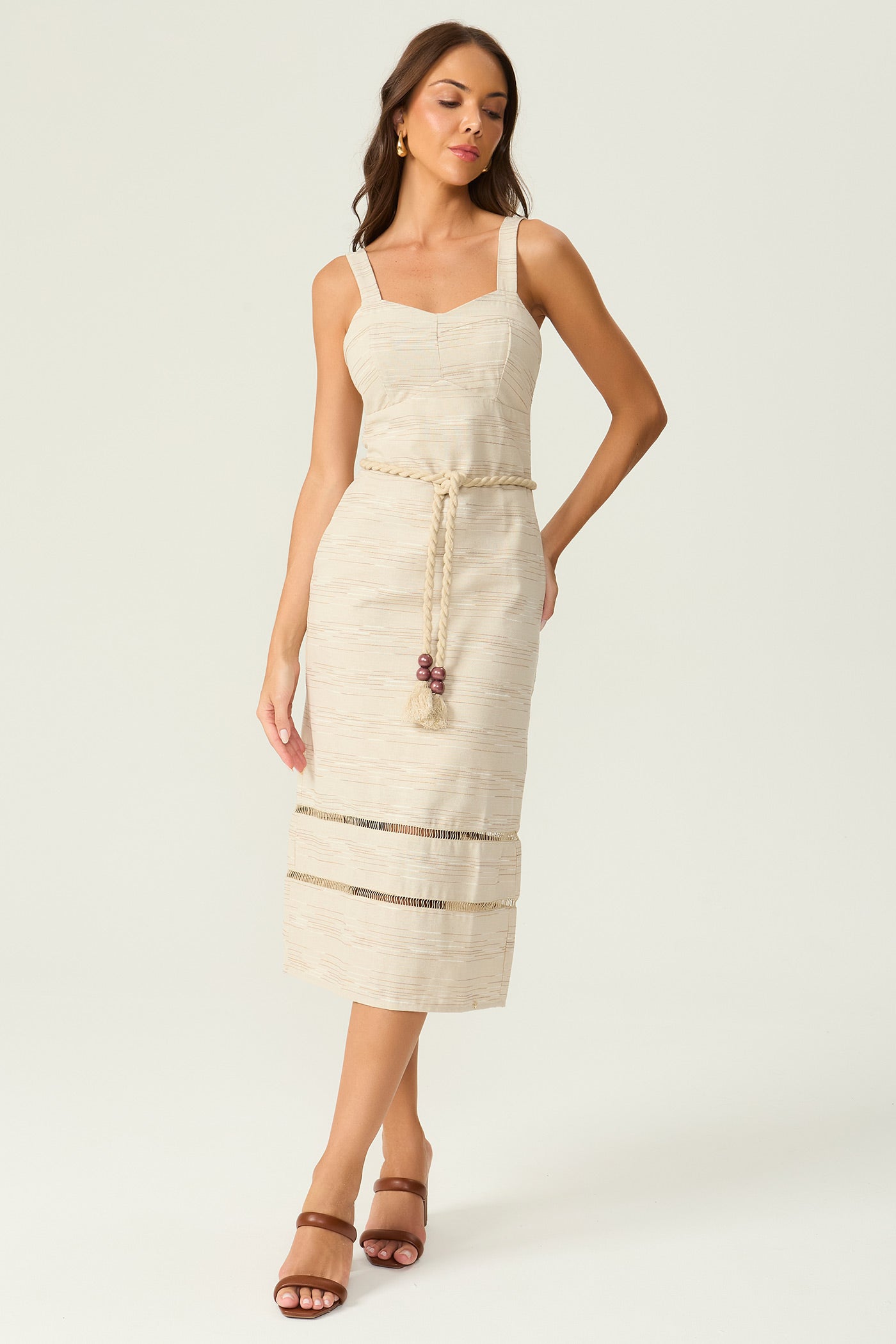 Vestido linho listrado natural Fato Básico