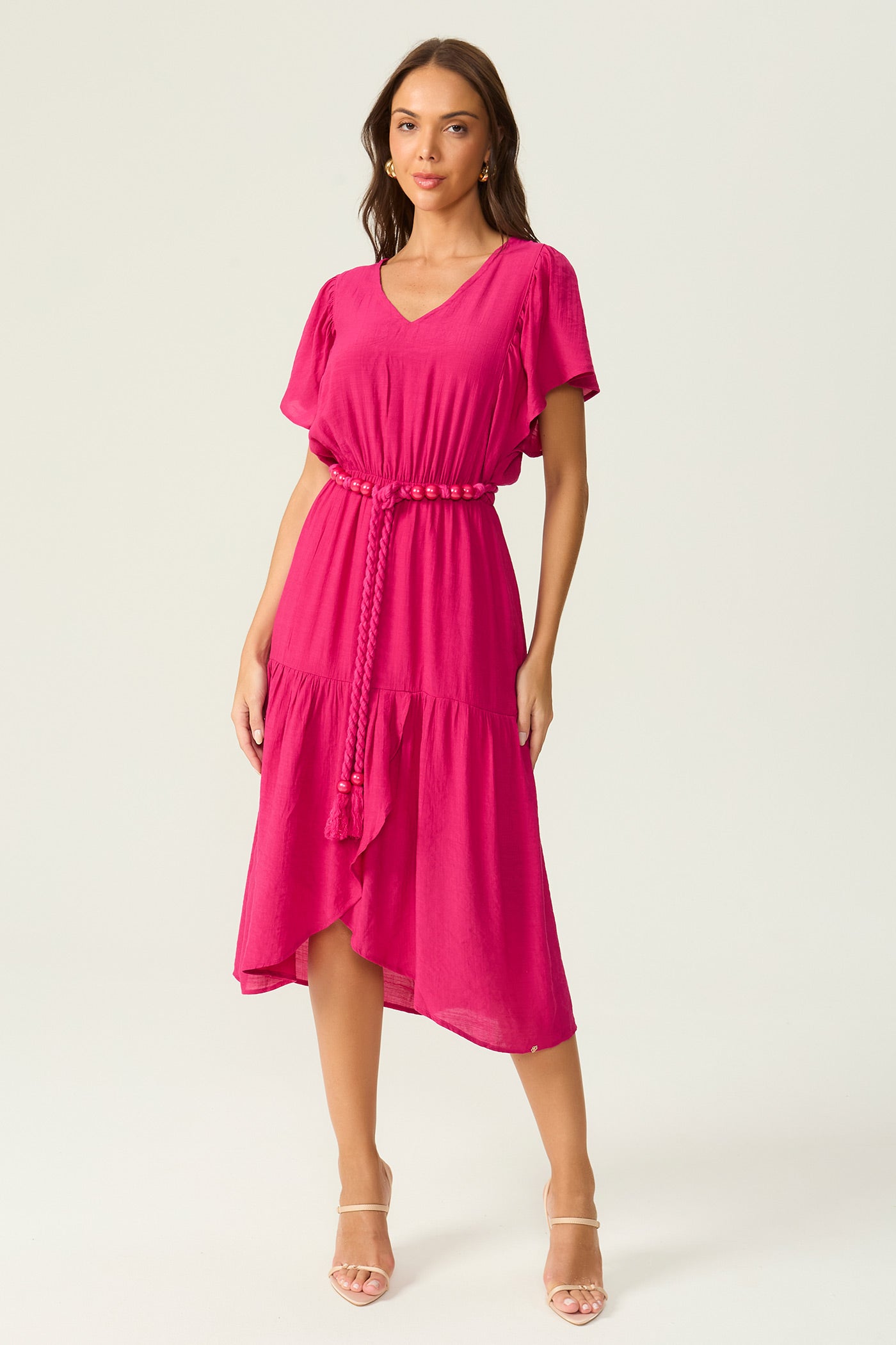 Vestido mídi decote V rosa Fato Básico