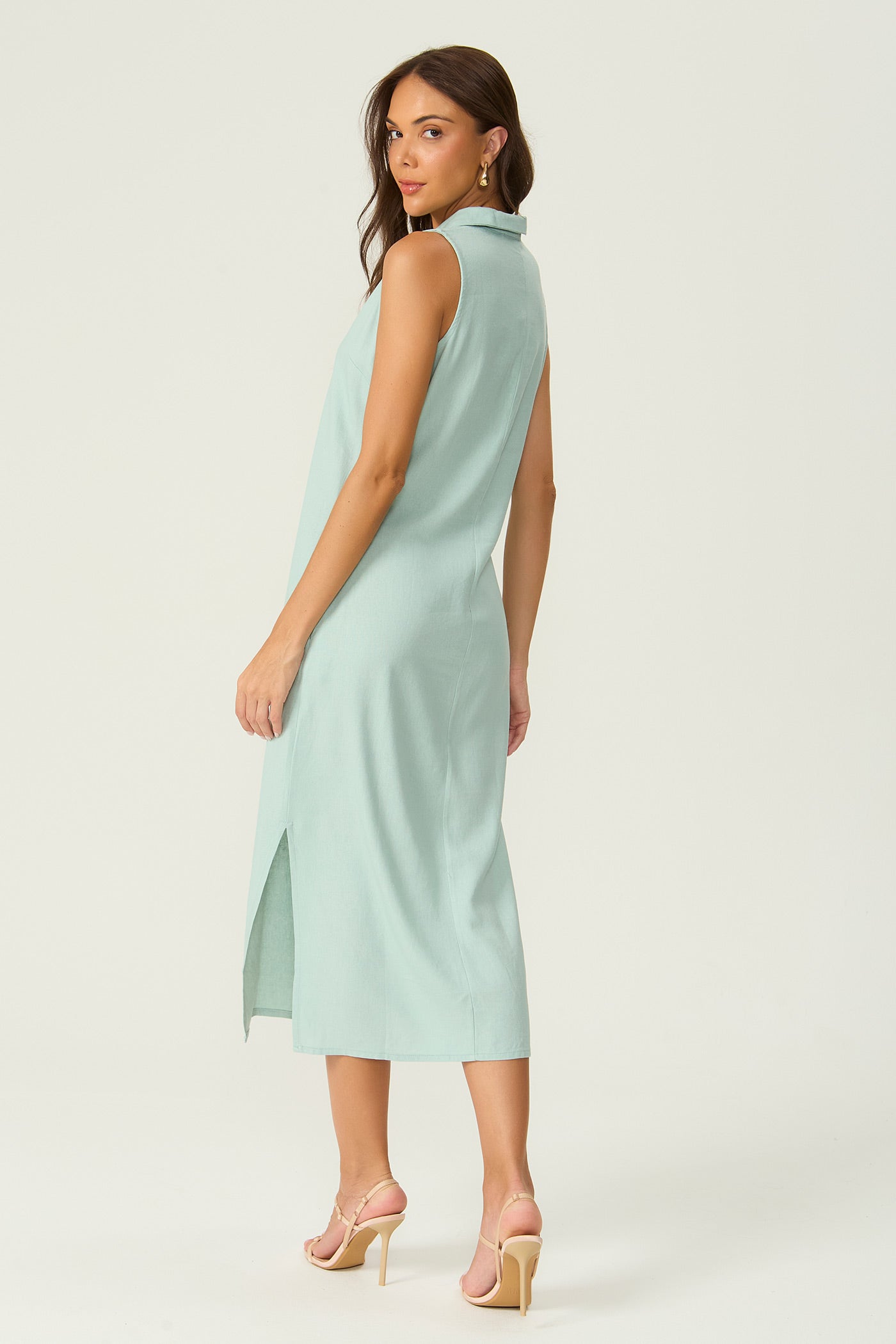 Vestido linho com gola verde Fato Básico