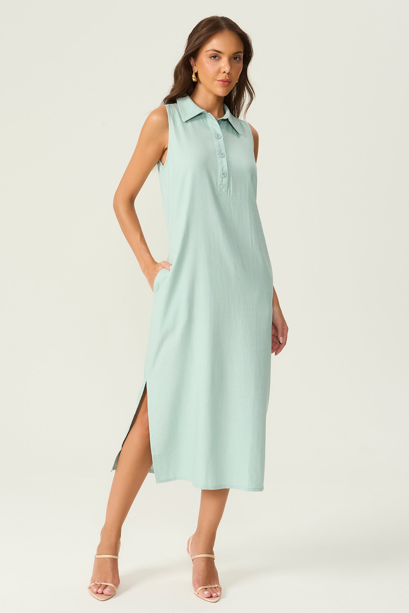Vestido linho com gola verde Fato Básico