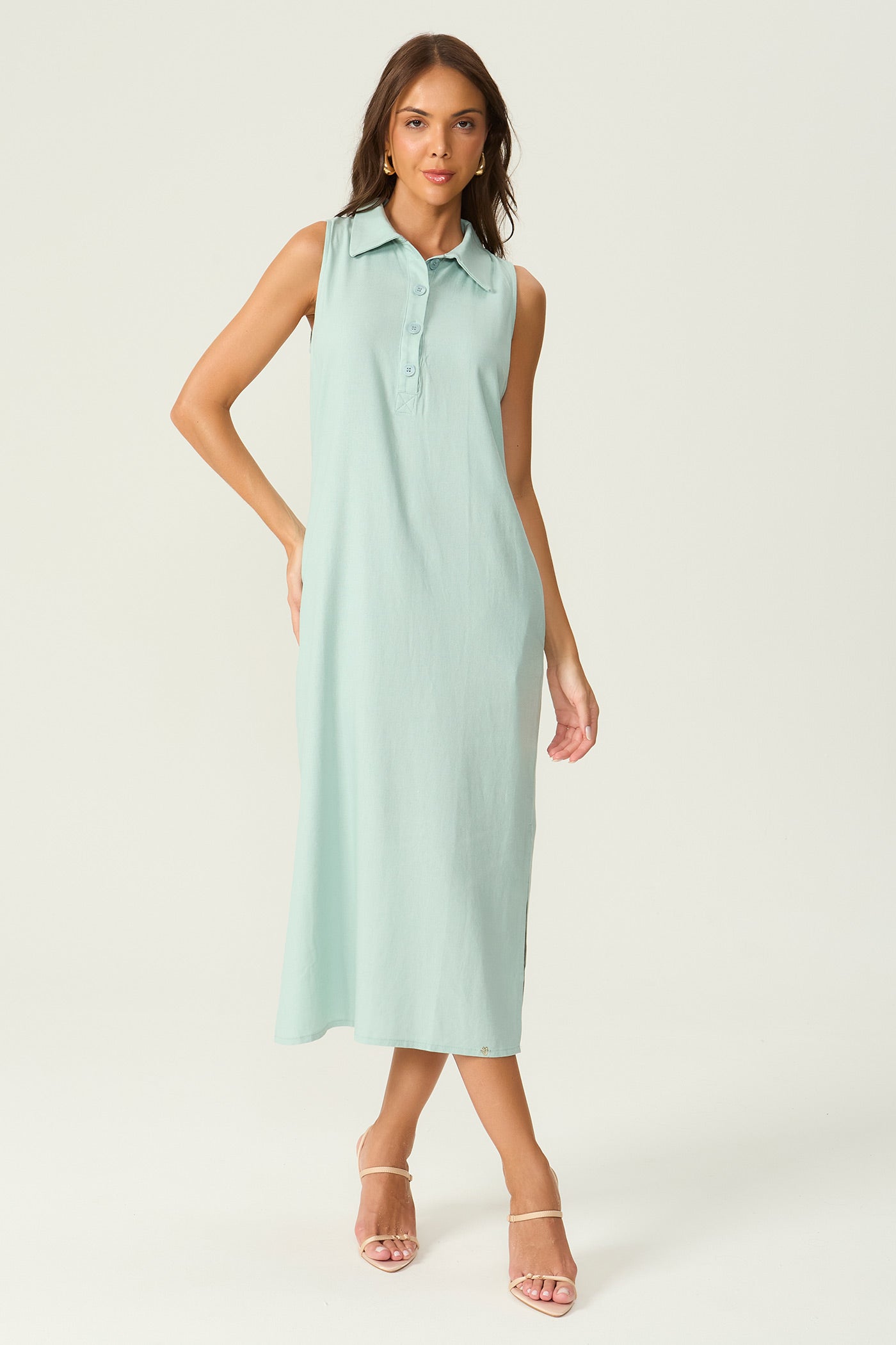 Vestido linho com gola verde Fato Básico