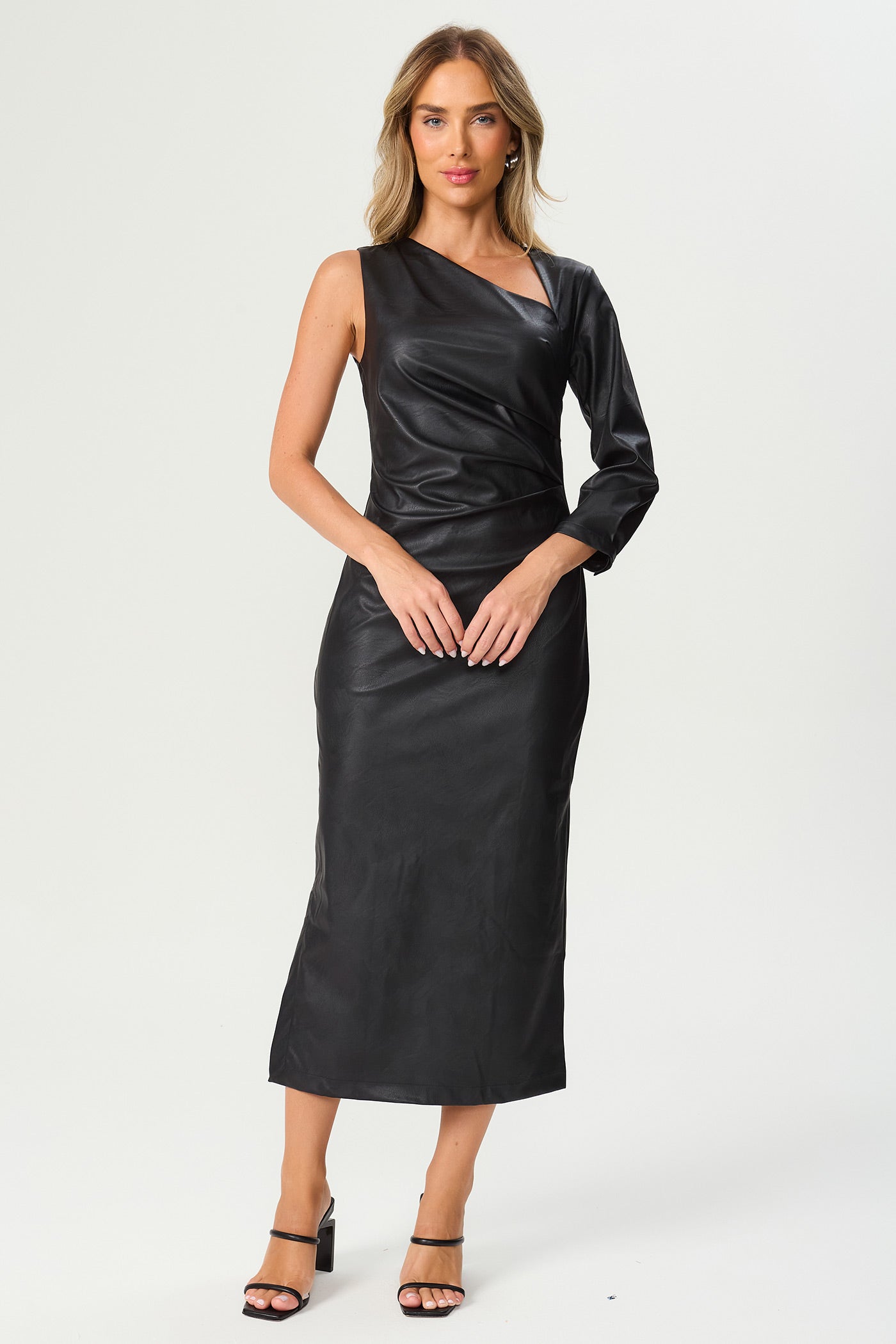 Vestido couro assimétrico preto Fato Básico