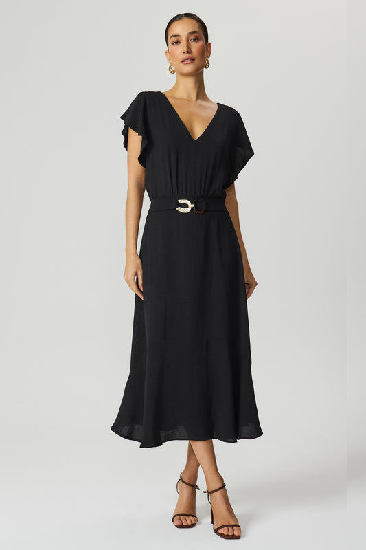 Vestido evasê com cinto preto Fato Básico