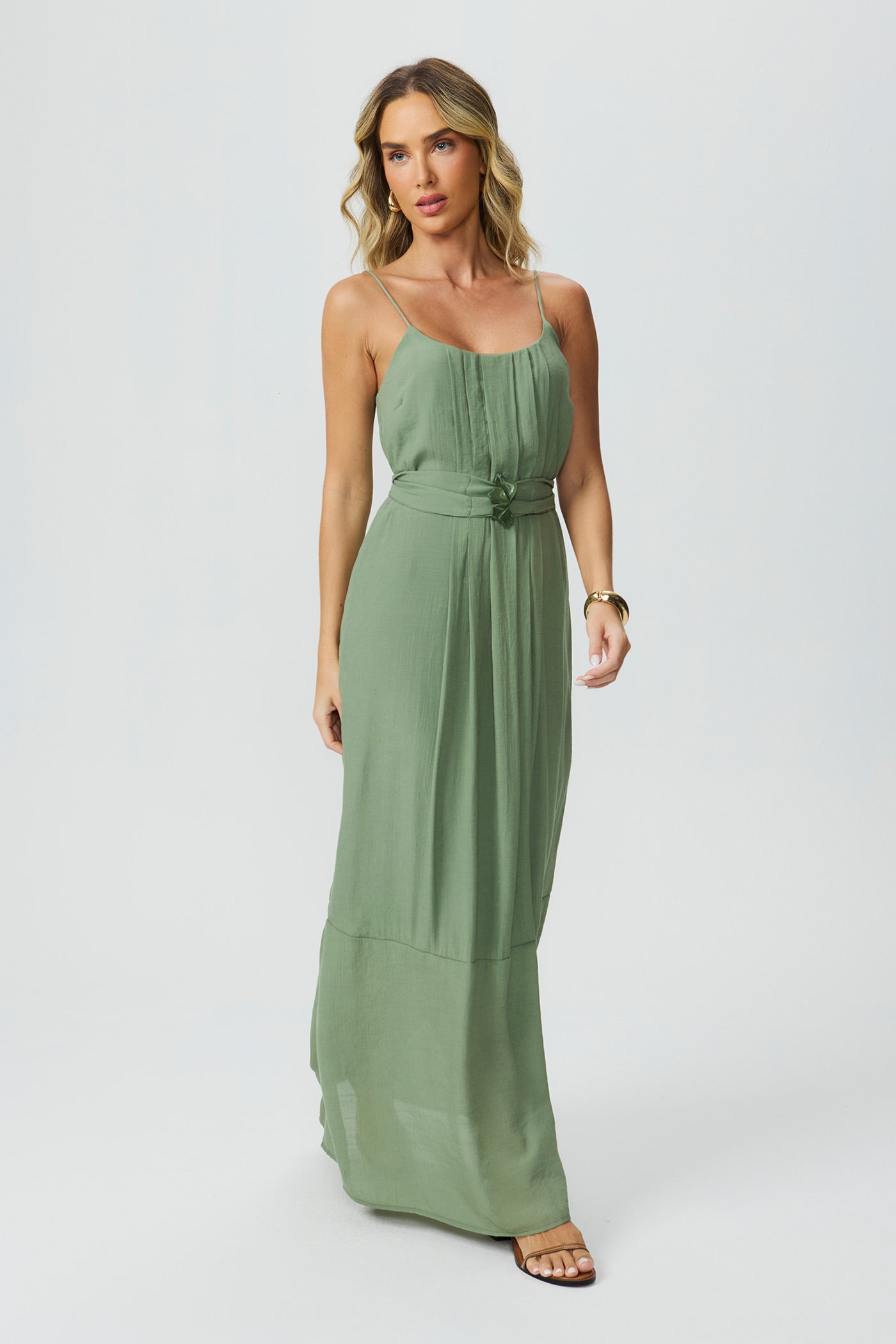 Vestido longo com tomas verde Fato Básico