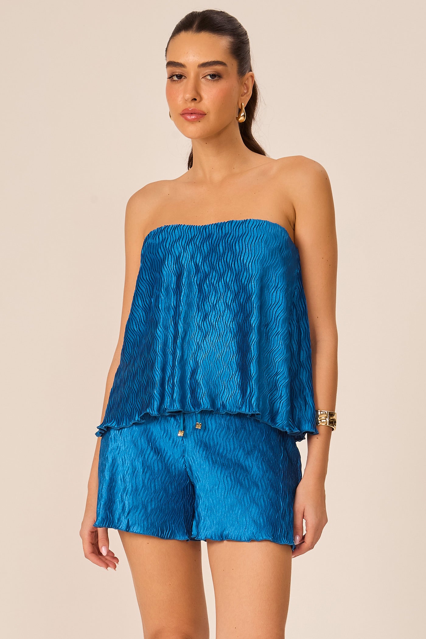 Short plissado azul Fato Básico
