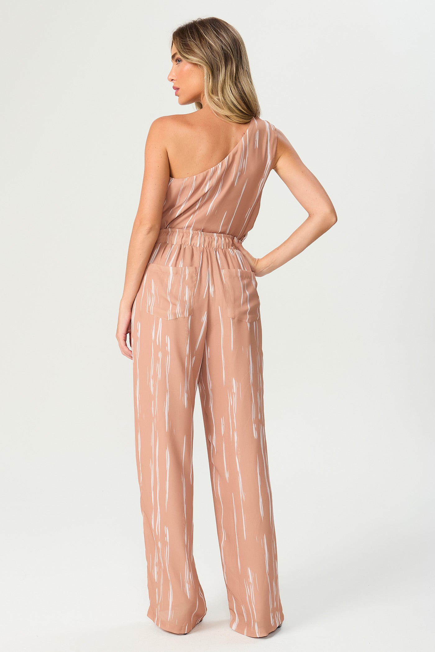 Calça estampada pantalona bege Fato Básico