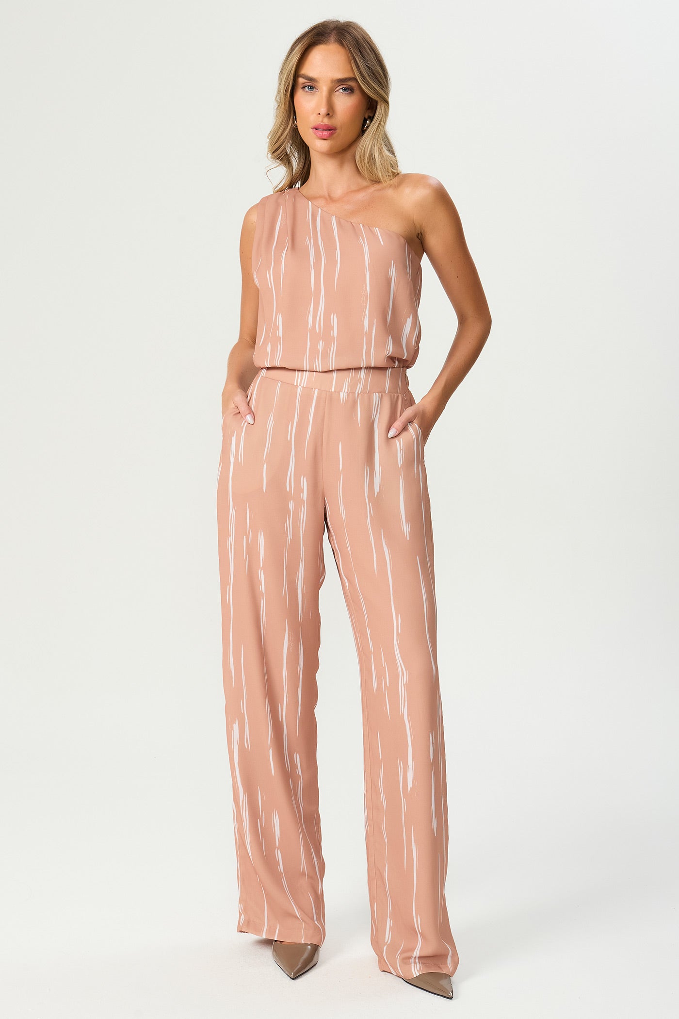 Calça estampada pantalona bege Fato Básico