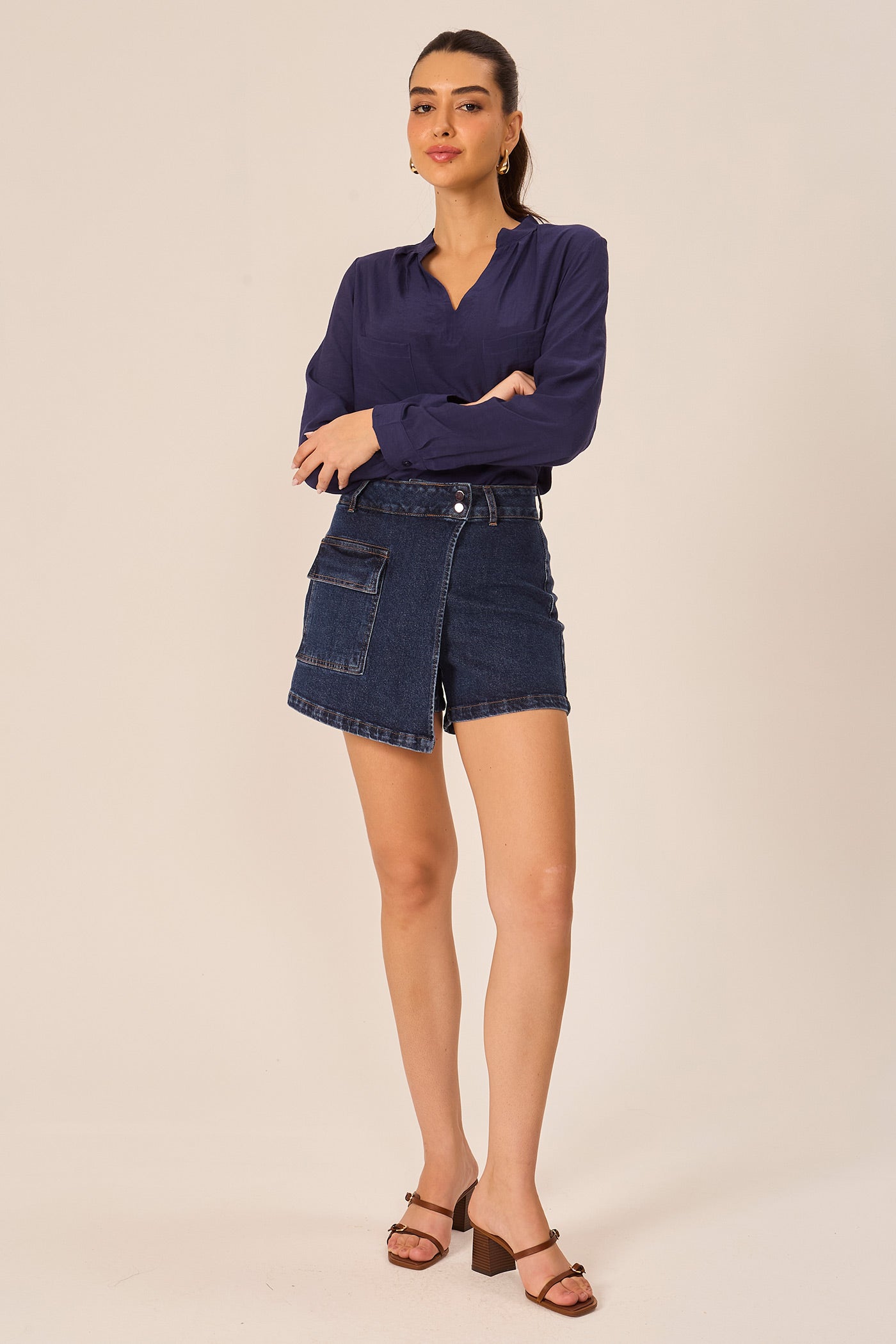Short saia cargo jeans Fato Básico
