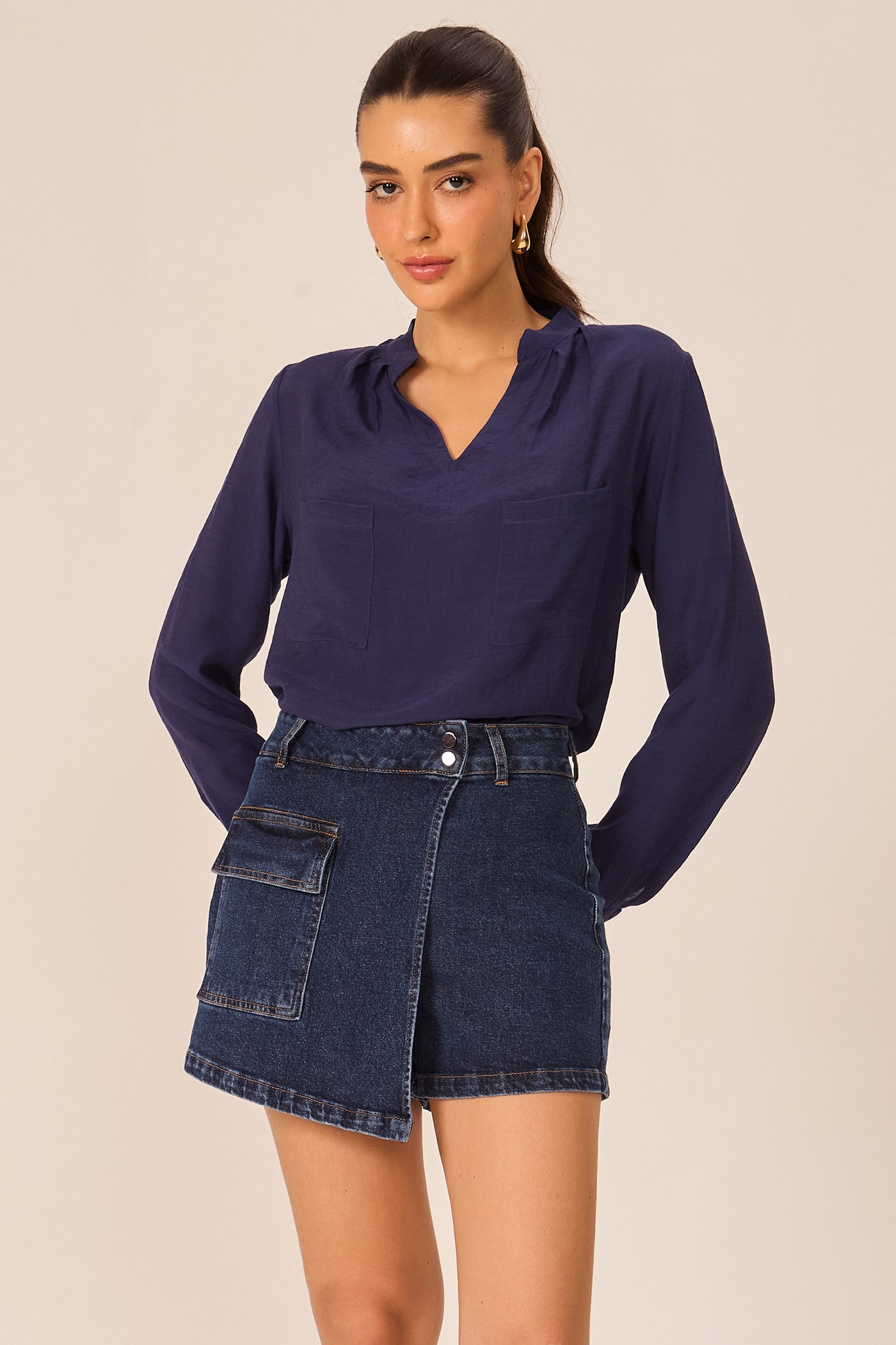Short saia cargo jeans Fato Básico