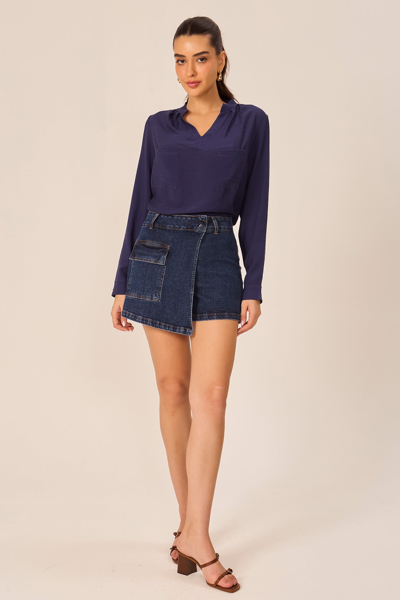Short saia cargo jeans Fato Básico