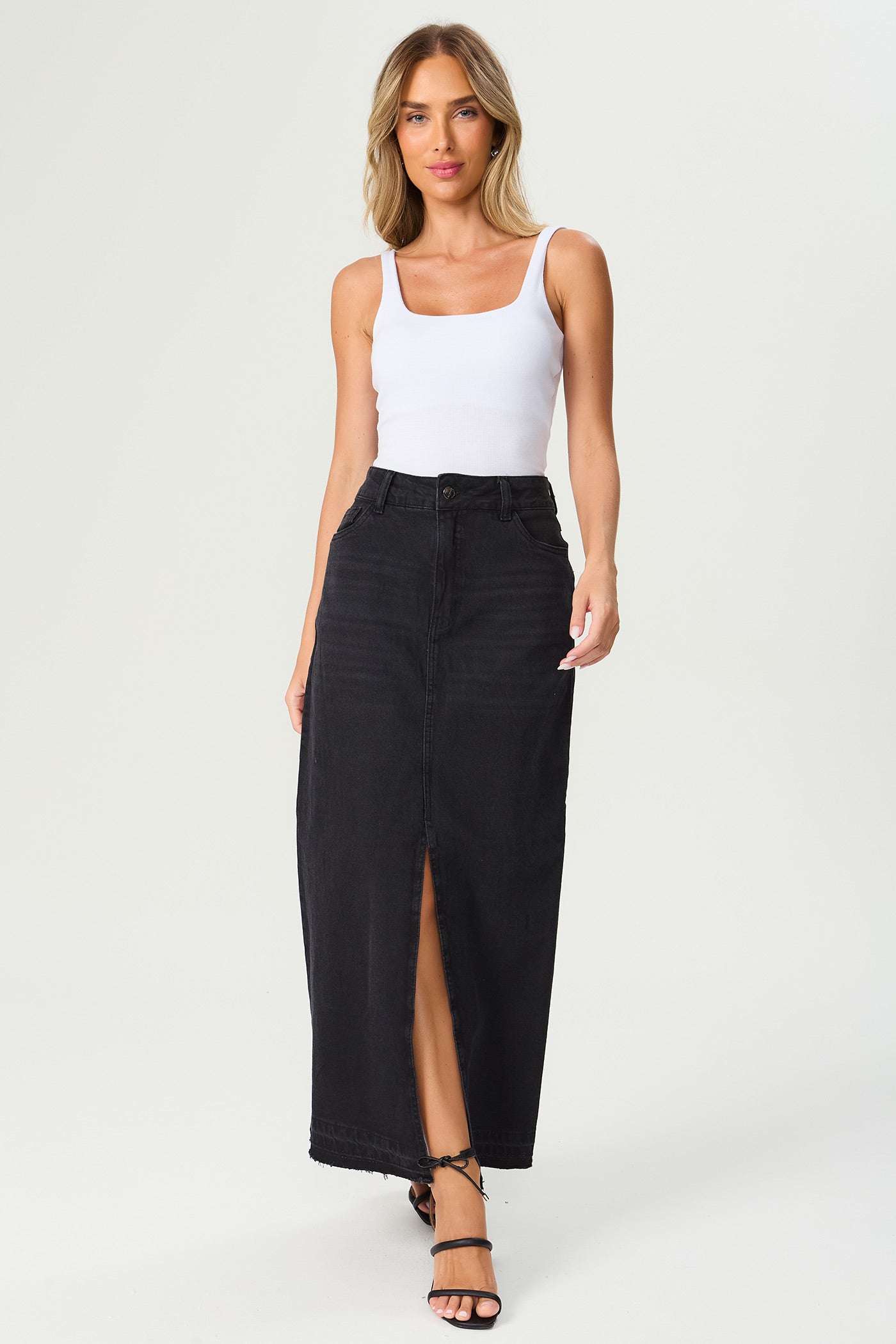 Saia coluna jeans black Fato Básico