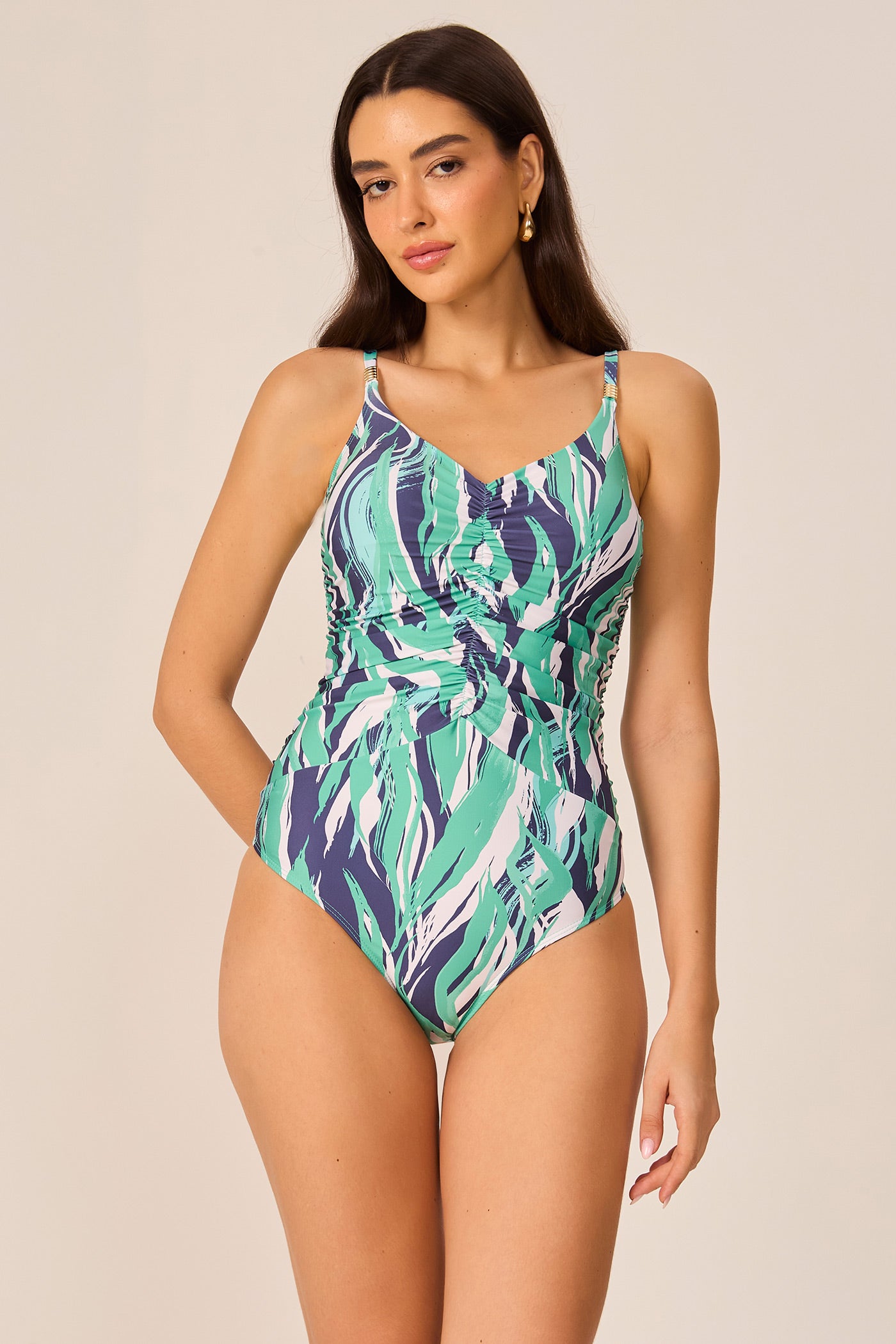Maiô estampado franzido frente azul Fato Básico