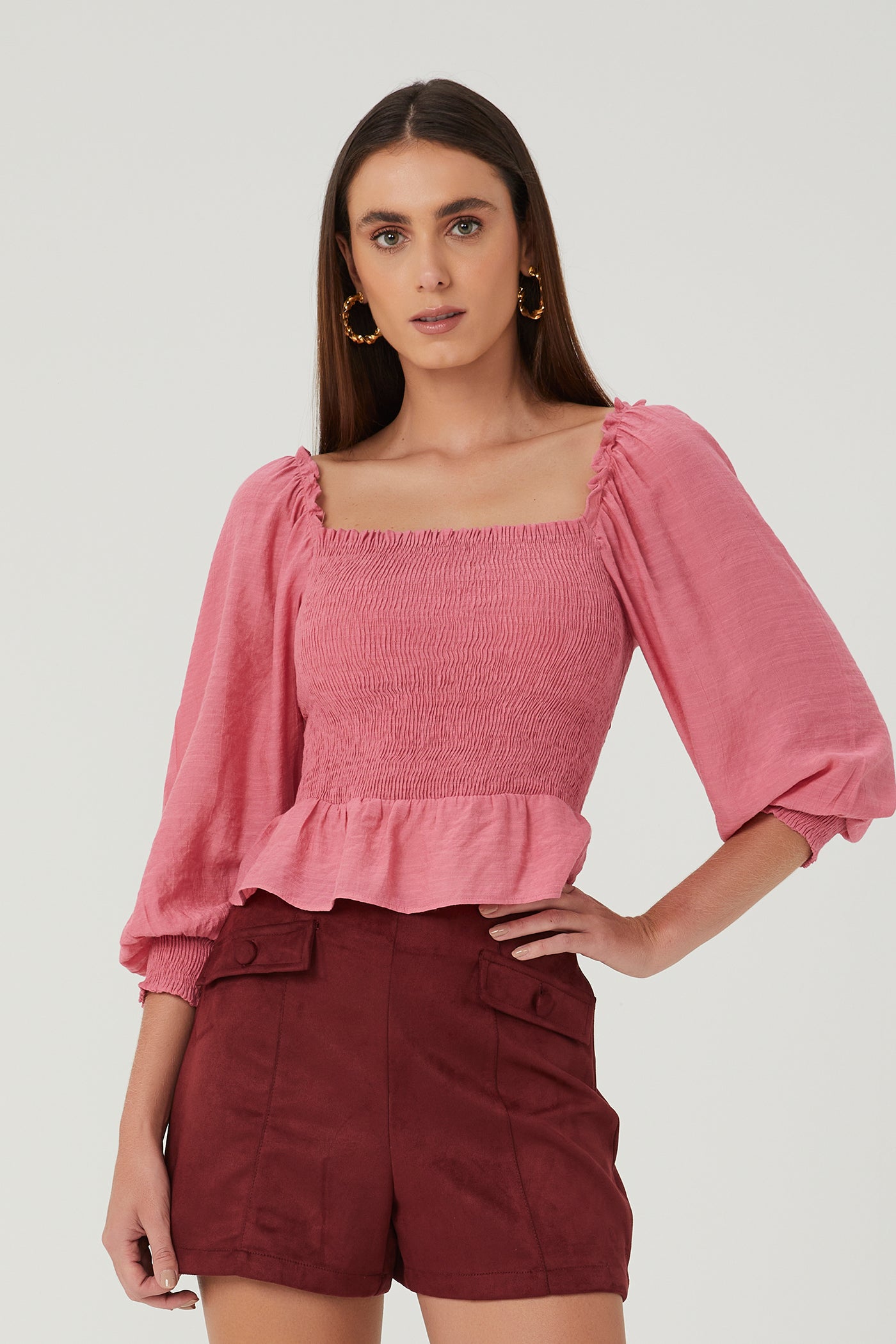 Blusa babado com lastex rosa Fato Básico - FATO BÁSICO