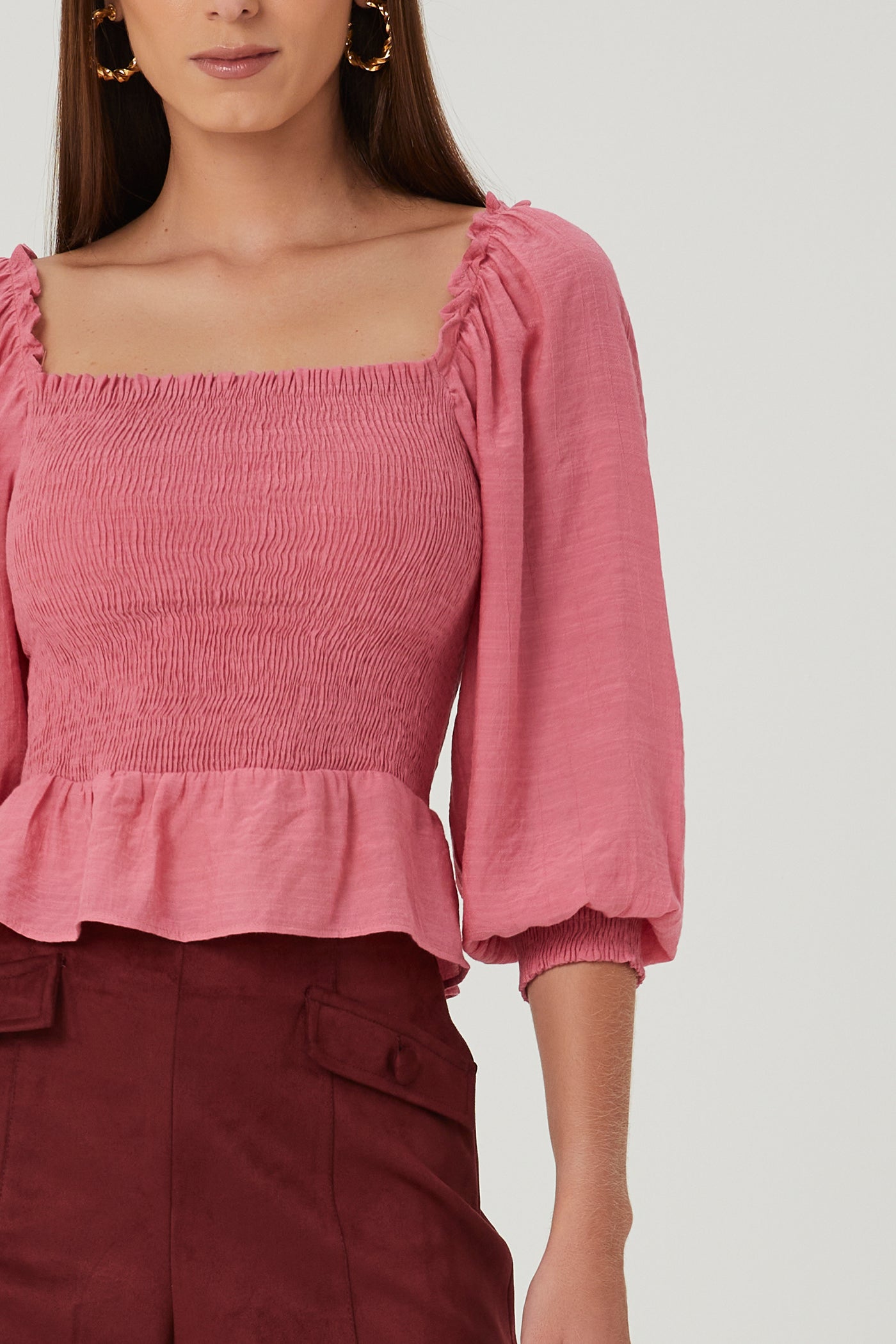 Blusa babado com lastex rosa Fato Básico - FATO BÁSICO