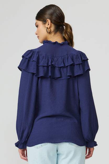 Blusa marinho feminina com babados Fato Básico