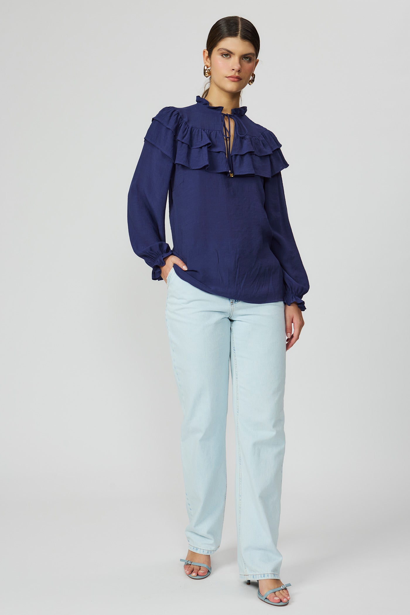 Blusa marinho feminina com babados Fato Básico