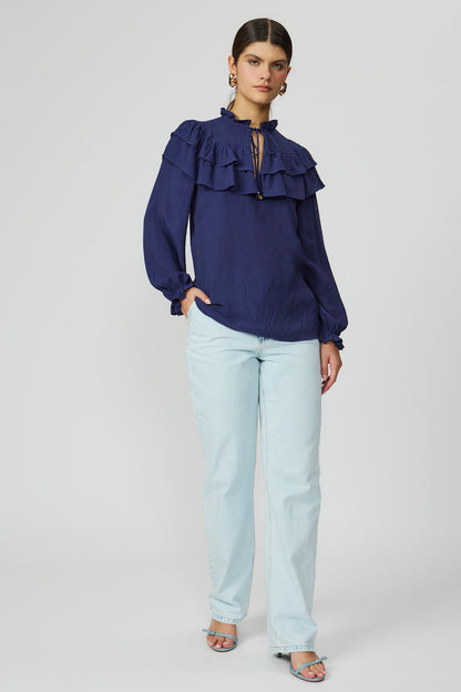 Blusa marinho feminina com babados Fato Básico