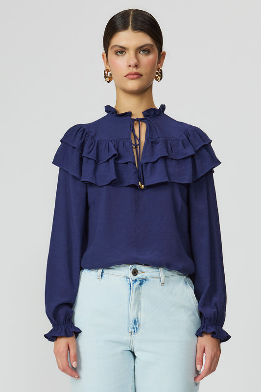 Blusa marinho feminina com babados Fato Básico