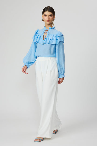 Blusa azul feminina com babados e manga longa Fato Básico