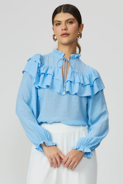 Blusa azul feminina com babados e manga longa Fato Básico