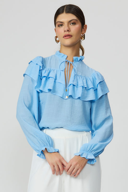 Blusa azul feminina com babados e manga longa Fato Básico