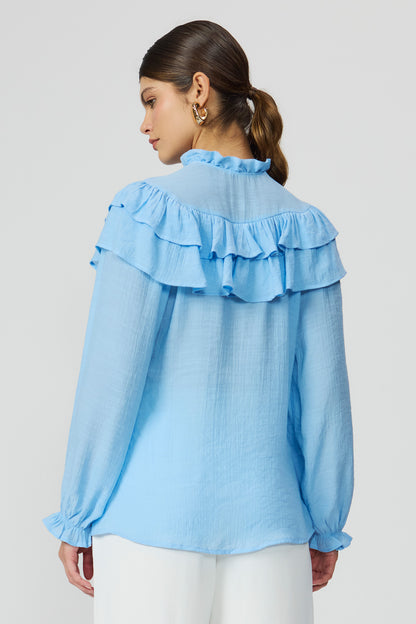 Blusa azul feminina com babados e manga longa Fato Básico