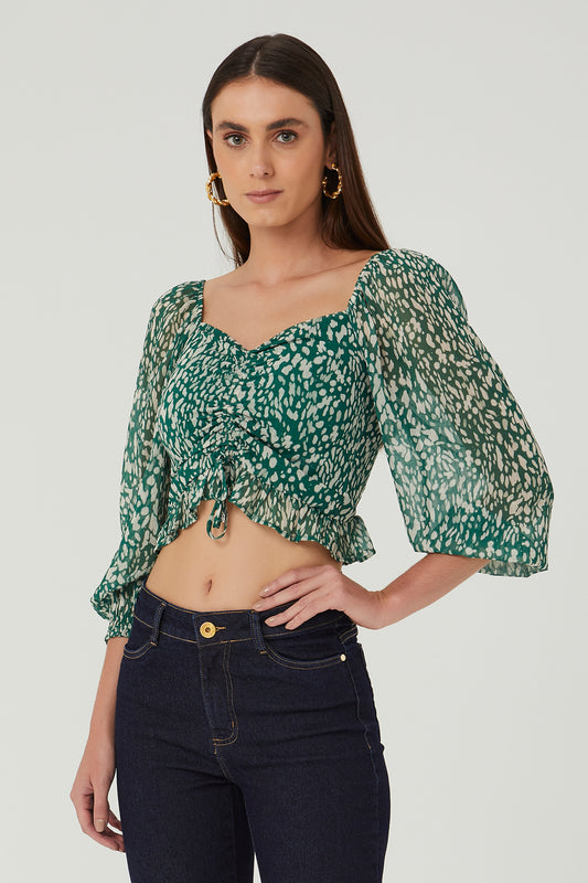 Blusa estampada frente com amarração verde Fato Básico - FATO BÁSICO