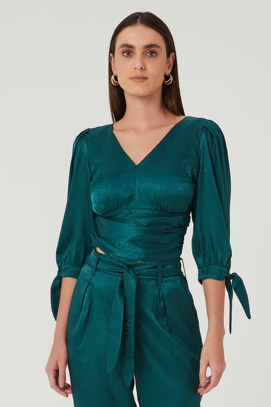 Blusa transpasse jacquard verde Fato Básico - FATO BÁSICO