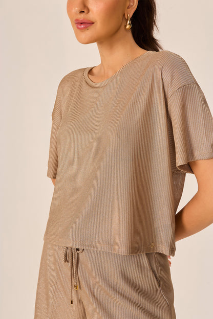 Blusa cropped rib foil camel Fato Básico