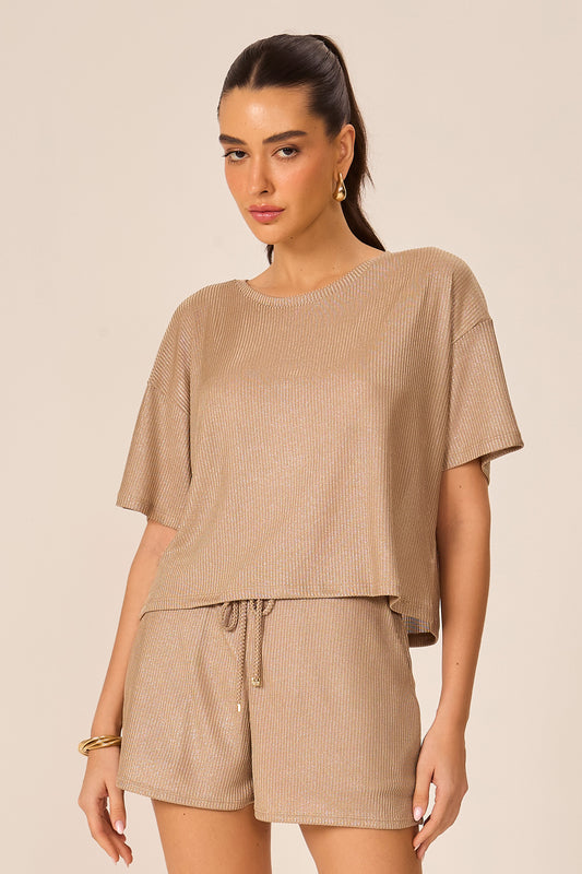 Blusa cropped rib foil camel Fato Básico