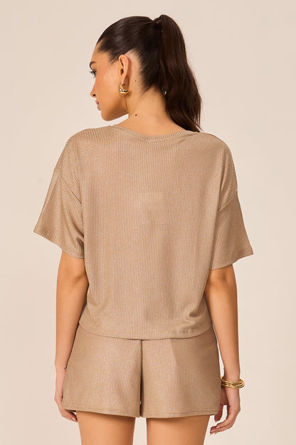 Blusa cropped rib foil camel Fato Básico