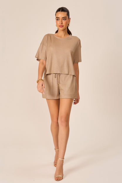 Blusa cropped rib foil camel Fato Básico