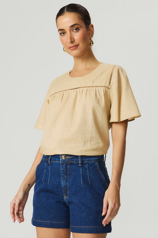 Blusa linho detalhe entremeio bege Fato Básico