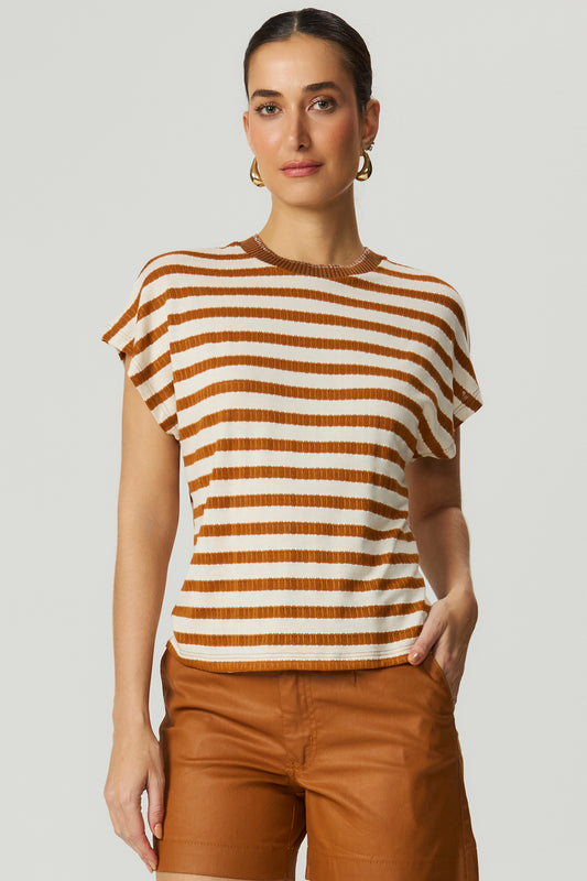 Blusa listrada detalhe ribana marrom Fato Básico